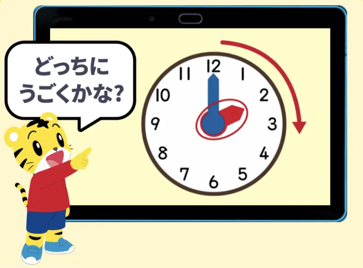 時計の針がどちらに動くかを問いかける教材の画面